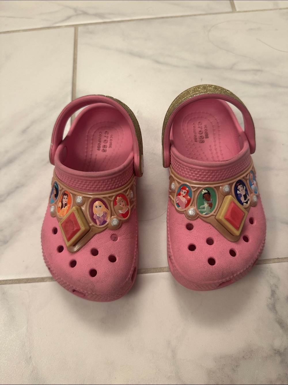 Kids Croc brand Pink Princess Clog Shoes with Jewel Accents and light up.